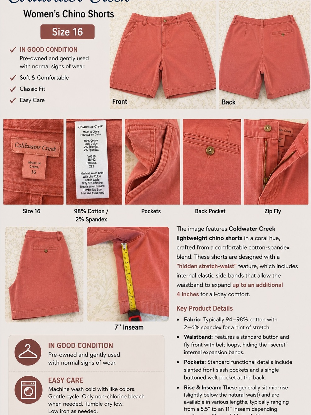 Coldwater Creek Coral High-Waist Chino Shorts